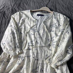 Blue and White Tiered Cotton Dress with Beach Print - size XL